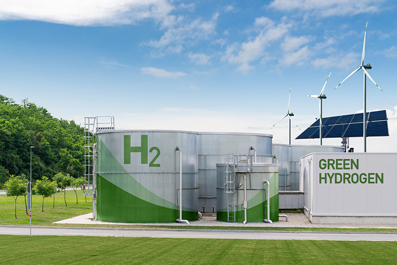 Green Hydrogen factory concept. Hydrogen production from renewable energy sources