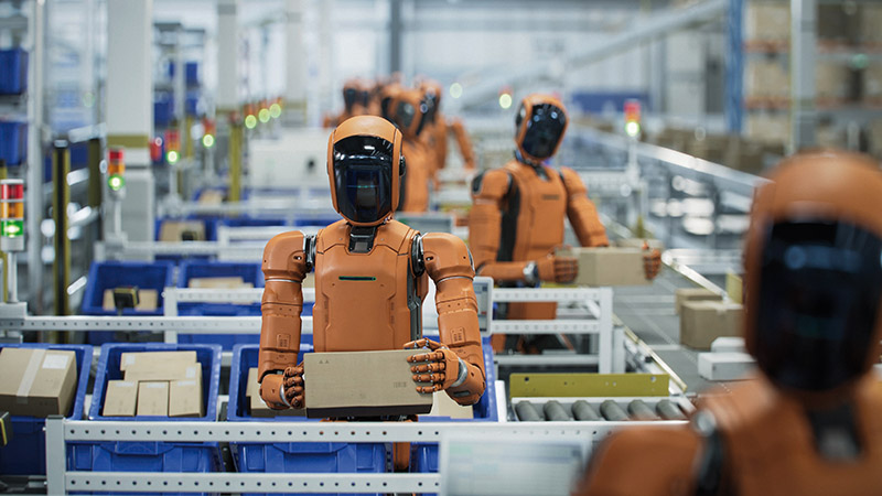 3D Render: Autonomous AI-Enabled Humanoid Robot Working at Fulfillment Center. He is Sorting Packages and Moving Boxes . Automated Warehouse or Logistics Center with General Purpose Humanoid Robots